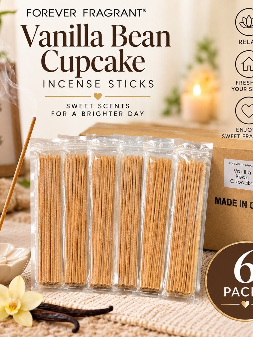 Forever Fragrant Vanilla Bean Cupcake Incense Set 6 Glass Holders HSN